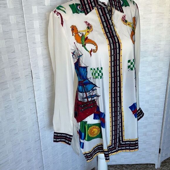 Amazing Diane Gilman Vintage 100% Silk Mermaid Nautical Sun Sequins Buttoned Blo - Picture 2 of 16